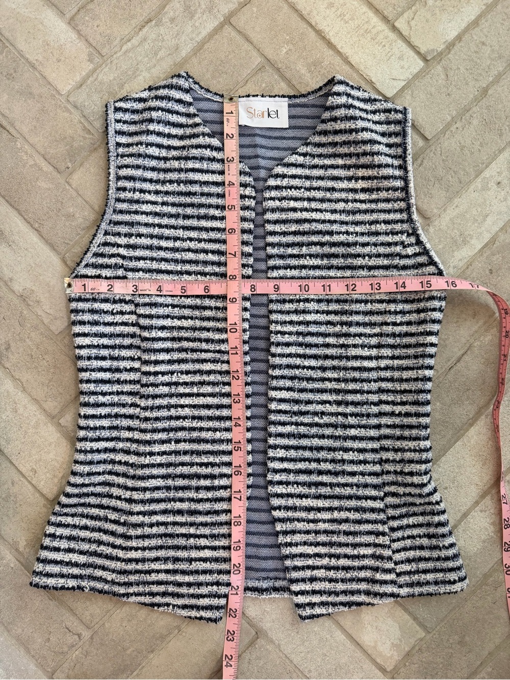 Starlet Navy Blue White Bouclé Vest Metallic Thread Open Front Sleeveless Blazer - Picture 5 of 6
